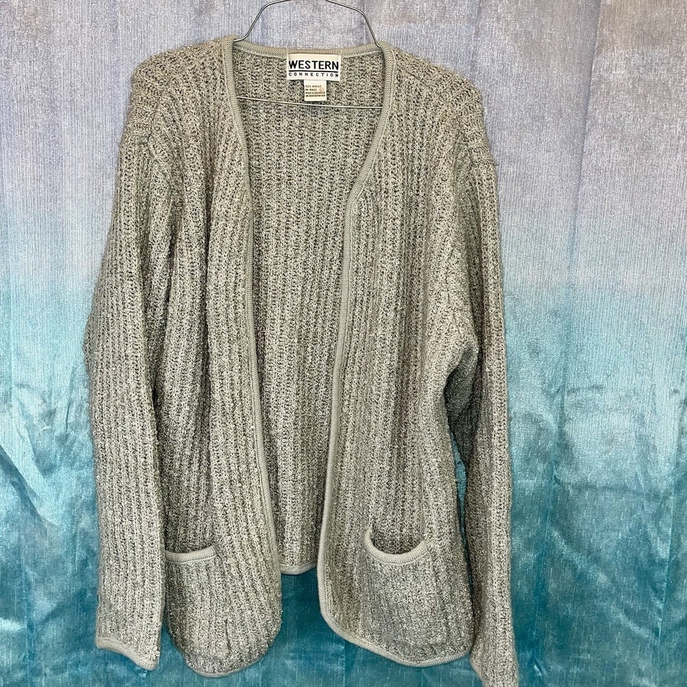 Vtg Western Connection Cardigan Sweater Women Large‎ Gray Cable Knit